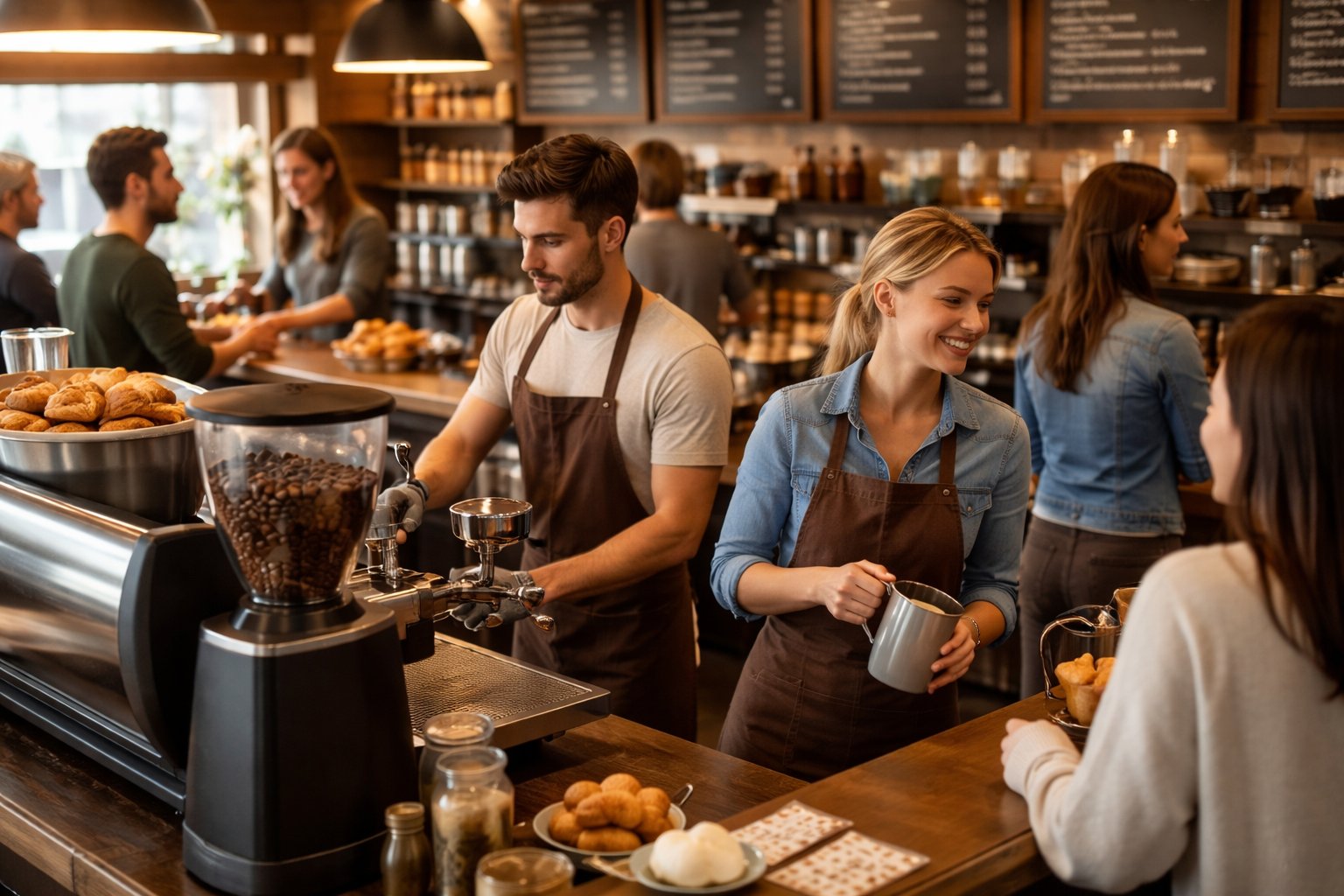 Baristas making coffee in a busy café